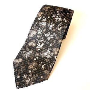 Enzone Floral 100% Silk Tie Black White and Tan Size O/S